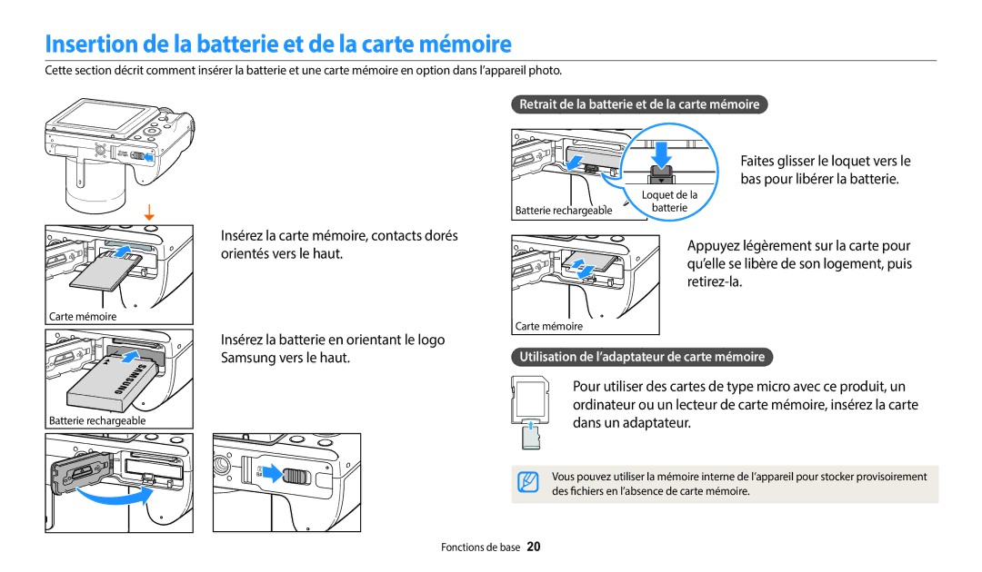 Samsung EC-WB2100BPBFR Insertion de la batterie et de la carte mémoire, Retrait de la batterie et de la carte mémoire 