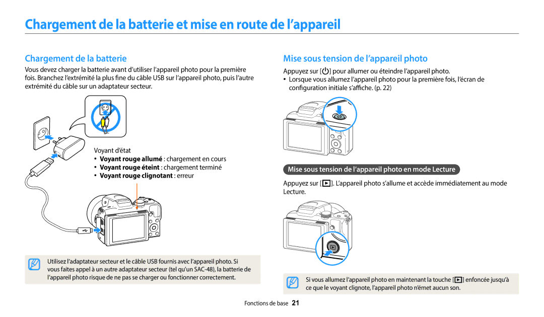 Samsung EC-WB2100BPRFR Chargement de la batterie et mise en route de l’appareil, Mise sous tension de l’appareil photo 