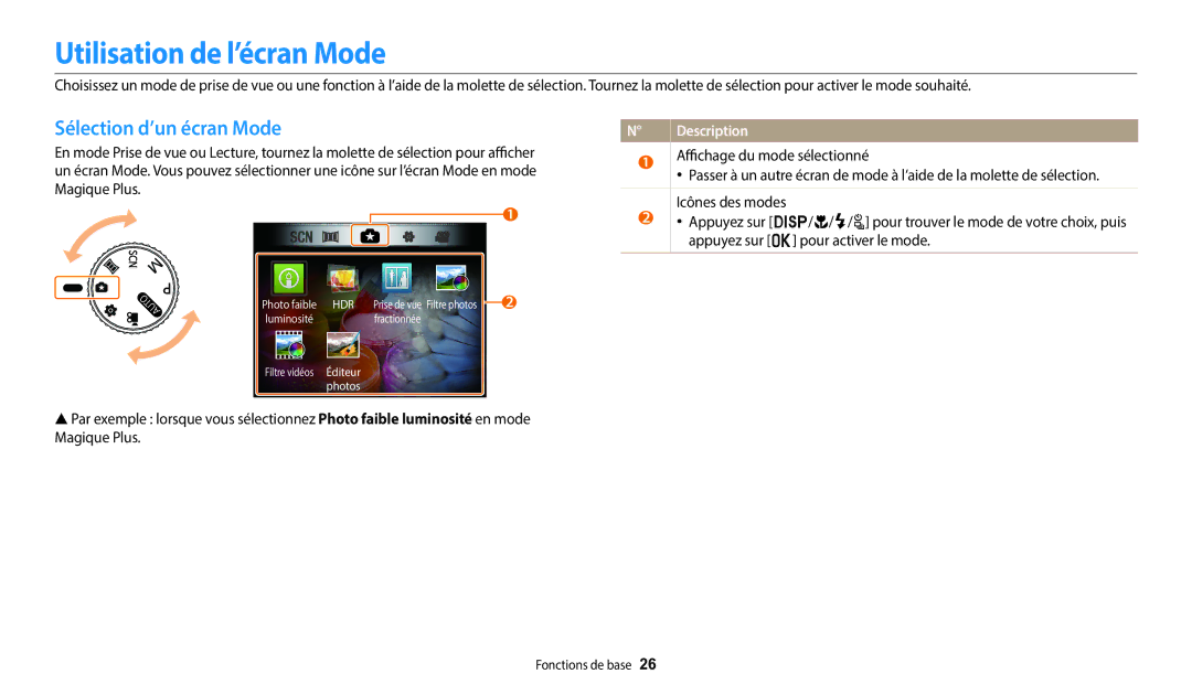 Samsung EC-WB2100BPBFR, EC-WB2100BPRFR manual Utilisation de l’écran Mode, Sélection d’un écran Mode 