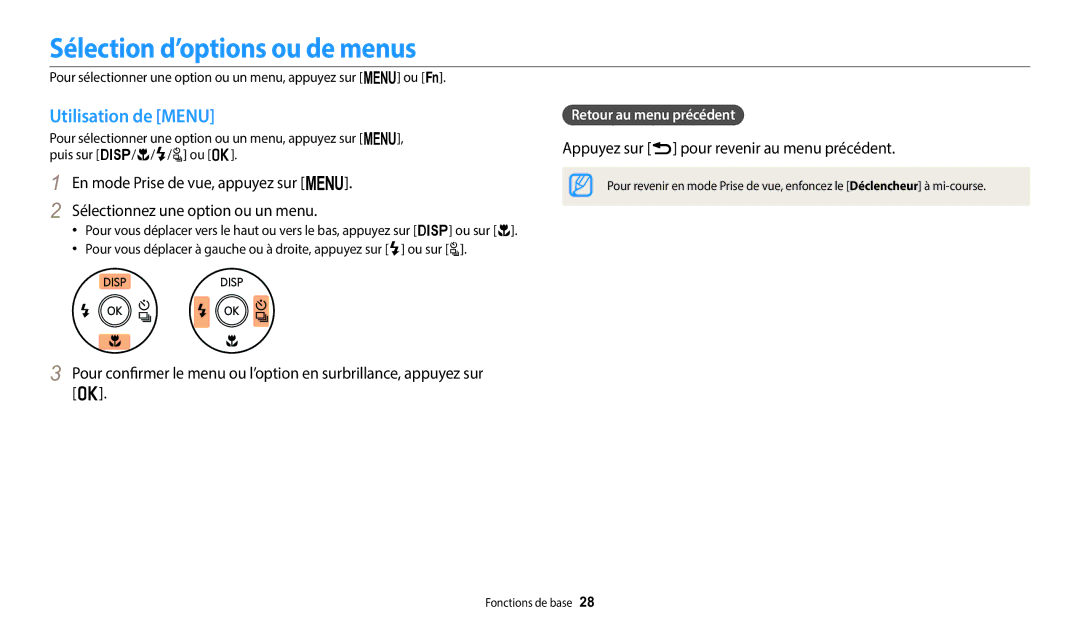 Samsung EC-WB2100BPBFR Sélection d’options ou de menus, Utilisation de Menu, Appuyez sur r pour revenir au menu précédent 