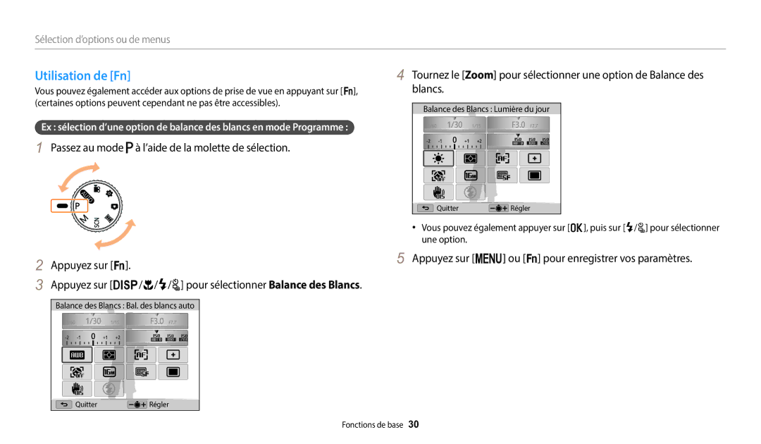 Samsung EC-WB2100BPBFR, EC-WB2100BPRFR manual Utilisation de Fn, Appuyez sur m ou s pour enregistrer vos paramètres 