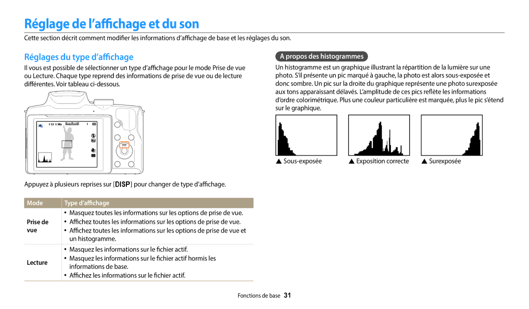 Samsung EC-WB2100BPRFR manual Réglage de l’affichage et du son, Réglages du type d’affichage, Propos des histogrammes, Mode 