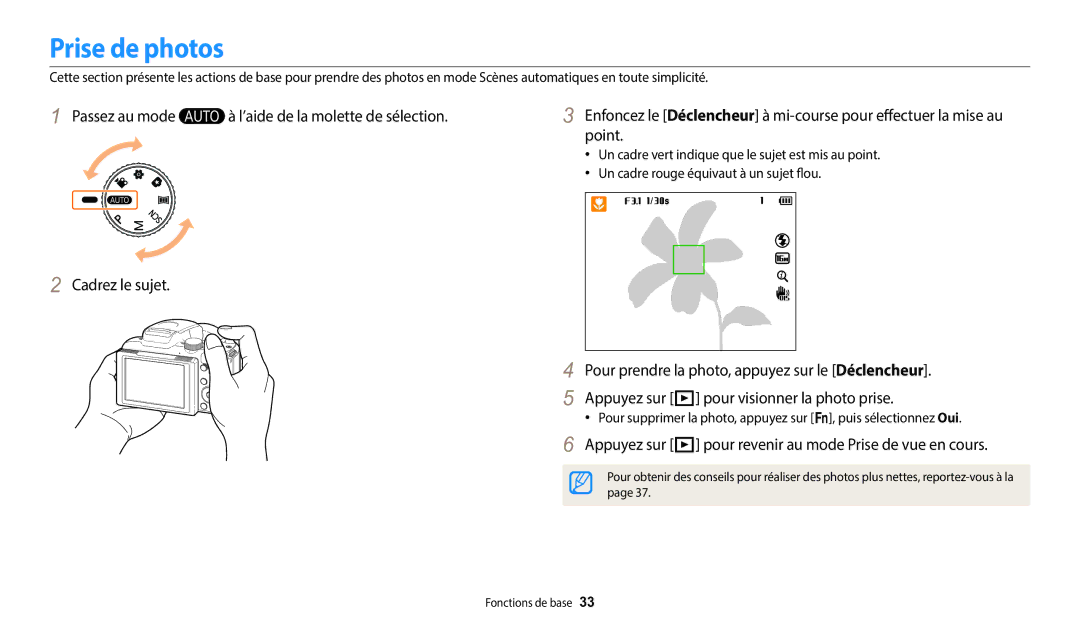 Samsung EC-WB2100BPRFR, EC-WB2100BPBFR manual Prise de photos, Appuyez sur P pour revenir au mode Prise de vue en cours 