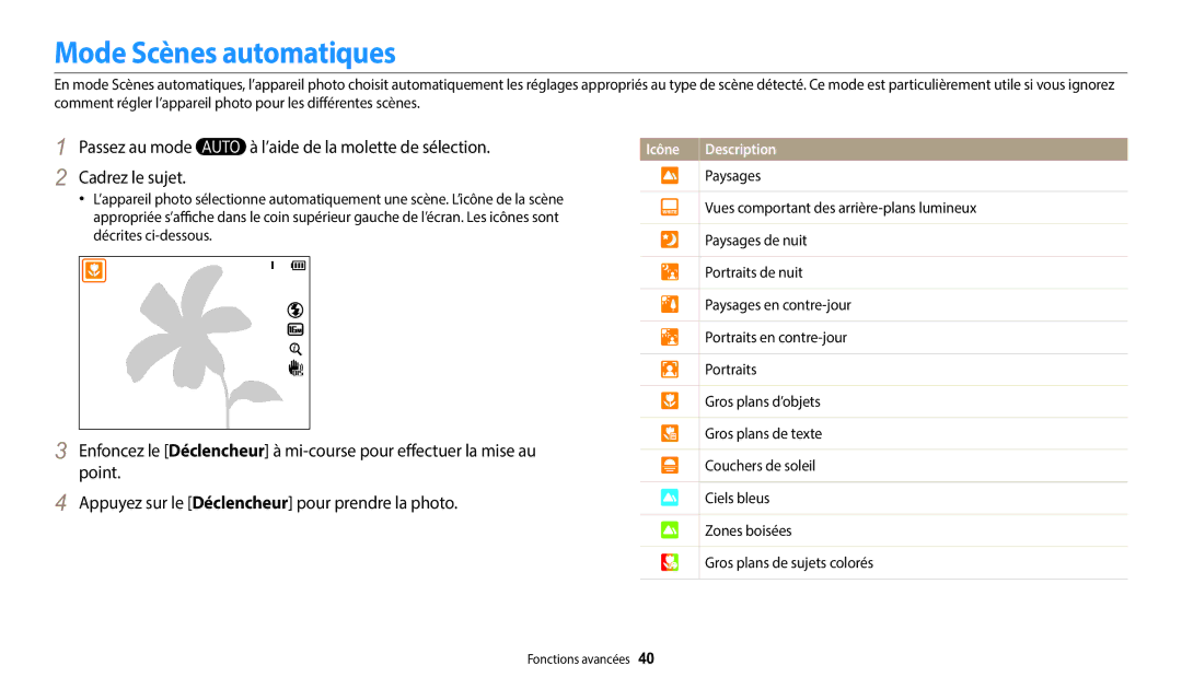 Samsung EC-WB2100BPBFR, EC-WB2100BPRFR manual Mode Scènes automatiques, Passez au mode ’aide de la molette de sélection 