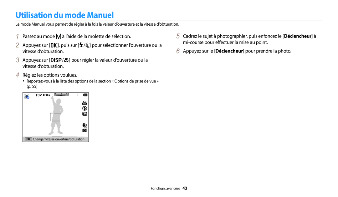 Samsung EC-WB2100BPRFR, EC-WB2100BPBFR manual Utilisation du mode Manuel, Passez au mode à l’aide de la molette de sélection 