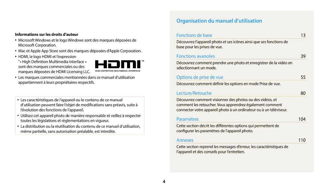 Samsung EC-WB2100BPBFR manual Organisation du manuel d’utilisation, 104, 110, Informations sur les droits d’auteur 