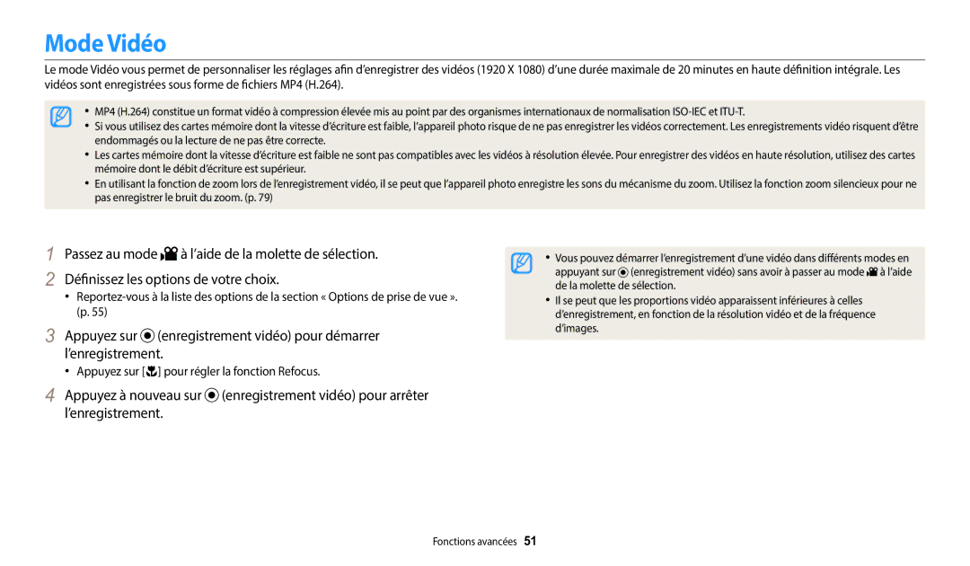 Samsung EC-WB2100BPRFR, EC-WB2100BPBFR manual Mode Vidéo, Appuyez sur c pour régler la fonction Refocus 