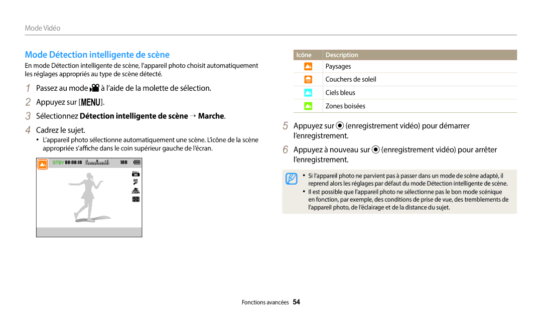 Samsung EC-WB2100BPBFR manual Mode Détection intelligente de scène, Sélectionnez Détection intelligente de scène → Marche 