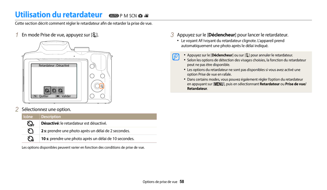 Samsung EC-WB2100BPBFR, EC-WB2100BPRFR manual Utilisation du retardateur, En mode Prise de vue, appuyez sur t 