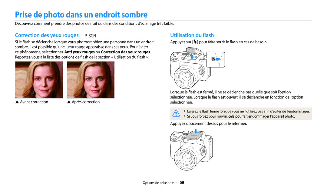 Samsung EC-WB2100BPRFR manual Prise de photo dans un endroit sombre, Correction des yeux rouges, Utilisation du flash 