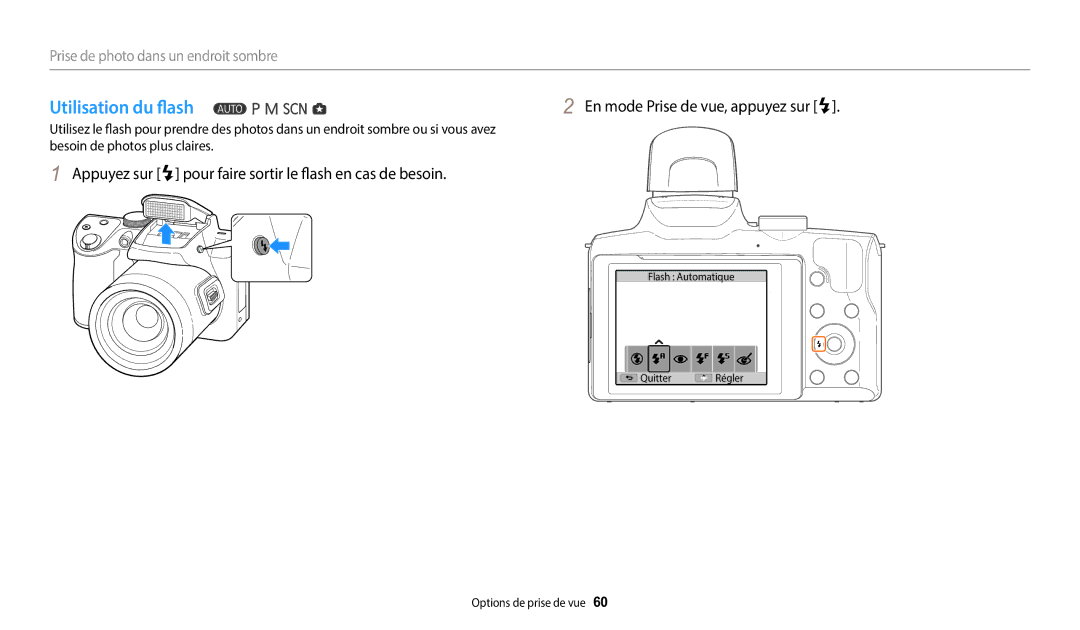 Samsung EC-WB2100BPBFR, EC-WB2100BPRFR manual Prise de photo dans un endroit sombre 