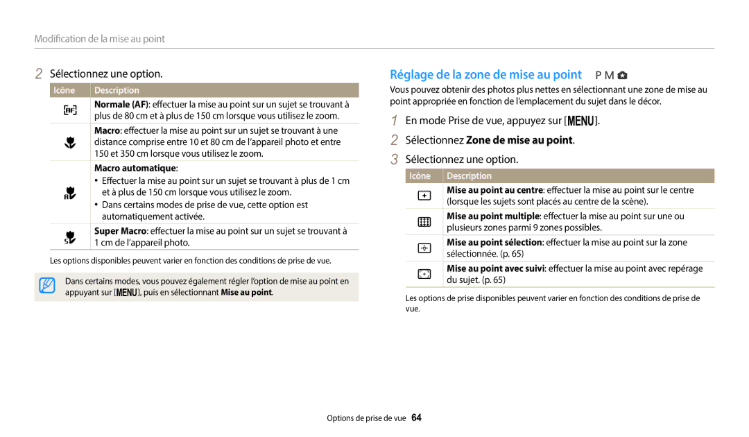 Samsung EC-WB2100BPBFR manual Réglage de la zone de mise au point, Sélectionnez Zone de mise au point, Macro automatique 