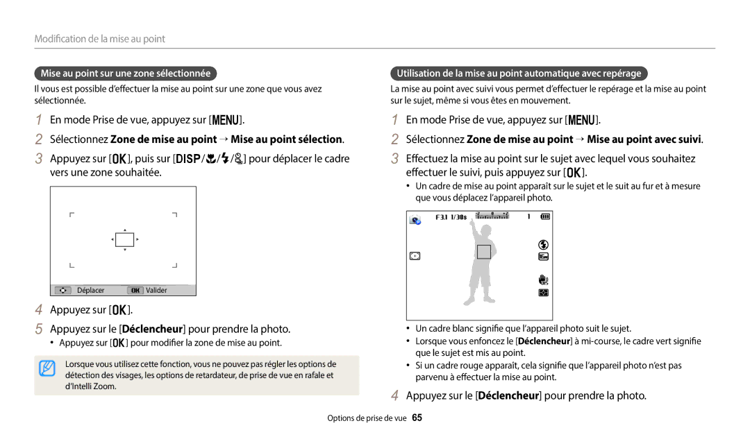 Samsung EC-WB2100BPRFR Mise au point sur une zone sélectionnée, Utilisation de la mise au point automatique avec repérage 