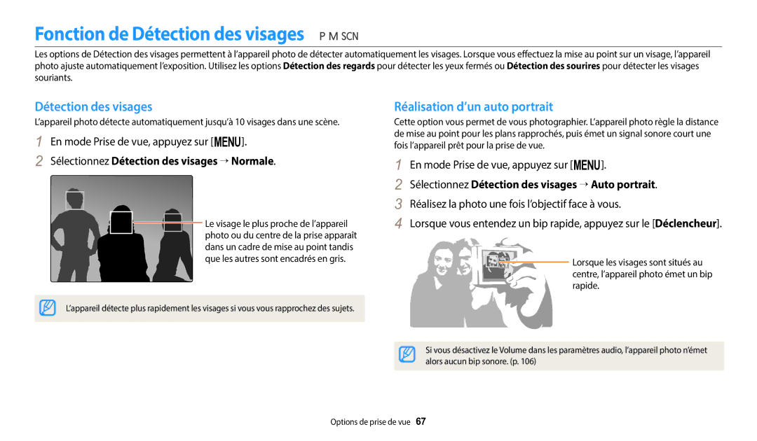 Samsung EC-WB2100BPRFR, EC-WB2100BPBFR manual Fonction de Détection des visages, Réalisation d’un auto portrait 