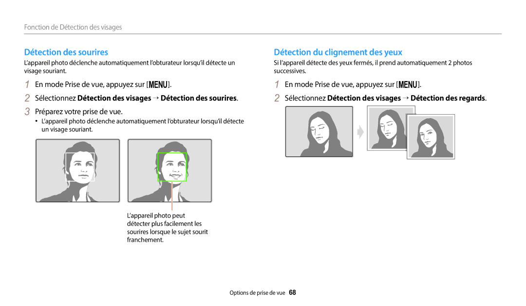 Samsung EC-WB2100BPBFR manual Détection des sourires, Détection du clignement des yeux, Préparez votre prise de vue 