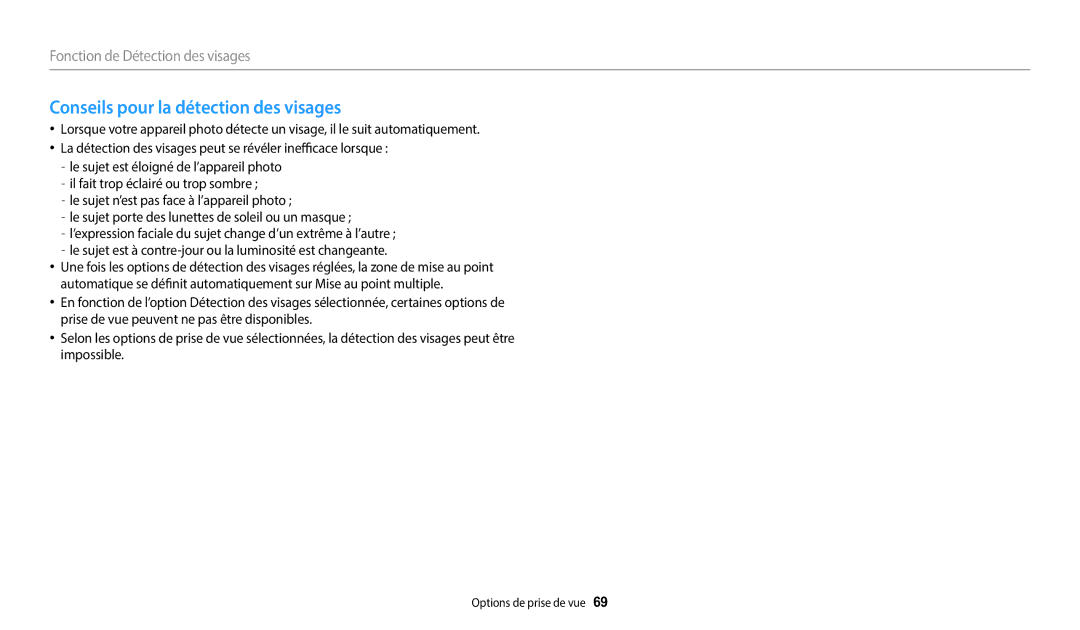 Samsung EC-WB2100BPRFR, EC-WB2100BPBFR Conseils pour la détection des visages, Le sujet n’est pas face à l’appareil photo 