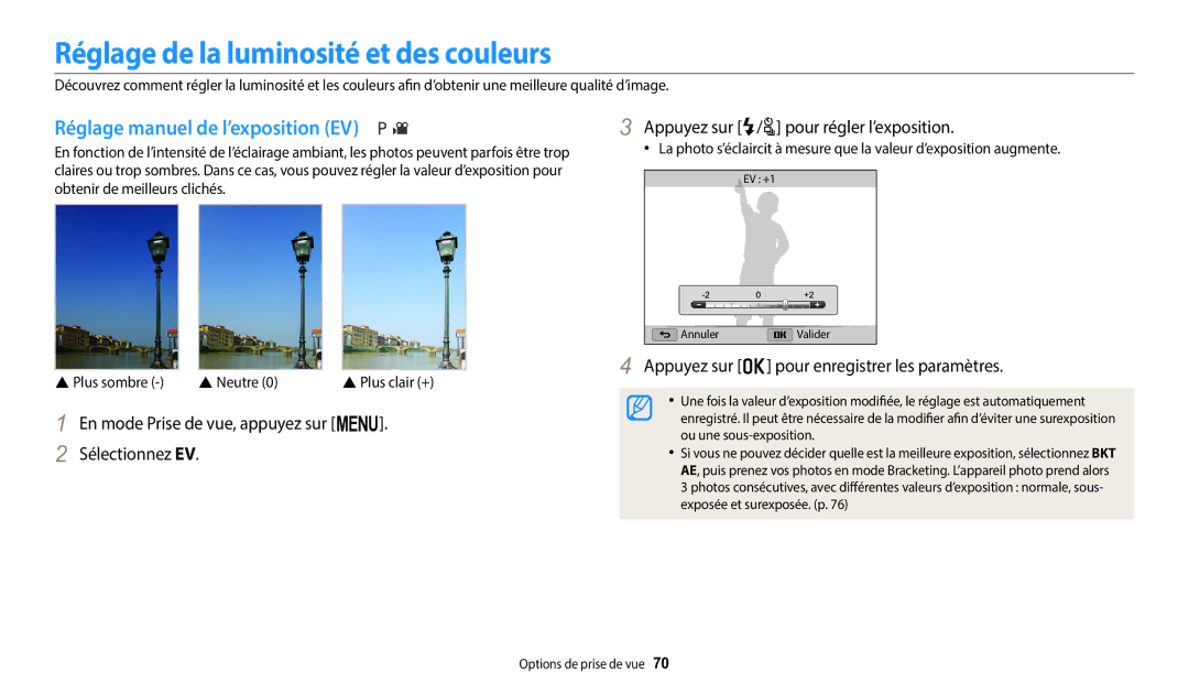 Samsung EC-WB2100BPBFR manual Réglage de la luminosité et des couleurs, Réglage manuel de l’exposition EV,  Neutre 