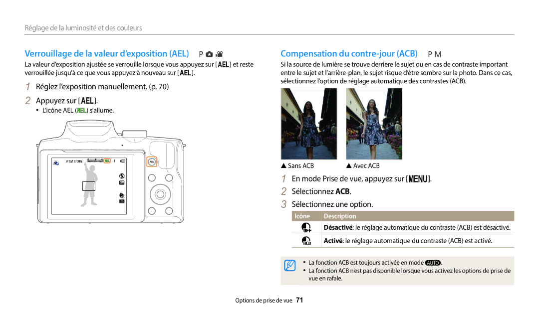 Samsung EC-WB2100BPRFR Verrouillage de la valeur d’exposition AEL, Compensation du contre-jour ACB, ’icône AEL s’allume 