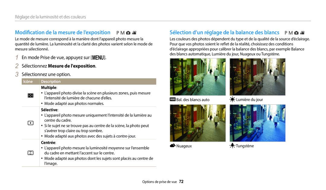 Samsung EC-WB2100BPBFR manual Modification de la mesure de l’exposition, Sélection d’un réglage de la balance des blancs 