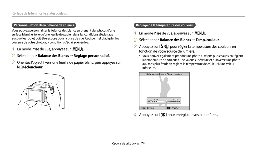 Samsung EC-WB2100BPBFR Sélectionnez Balance des Blancs → Réglage personnalisé, Personnalisation de la balance des blancs 