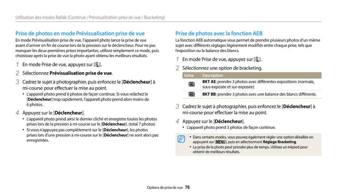 Samsung EC-WB2100BPBFR manual Prise de photos en mode Prévisualisation prise de vue, Prise de photos avec la fonction AEB 