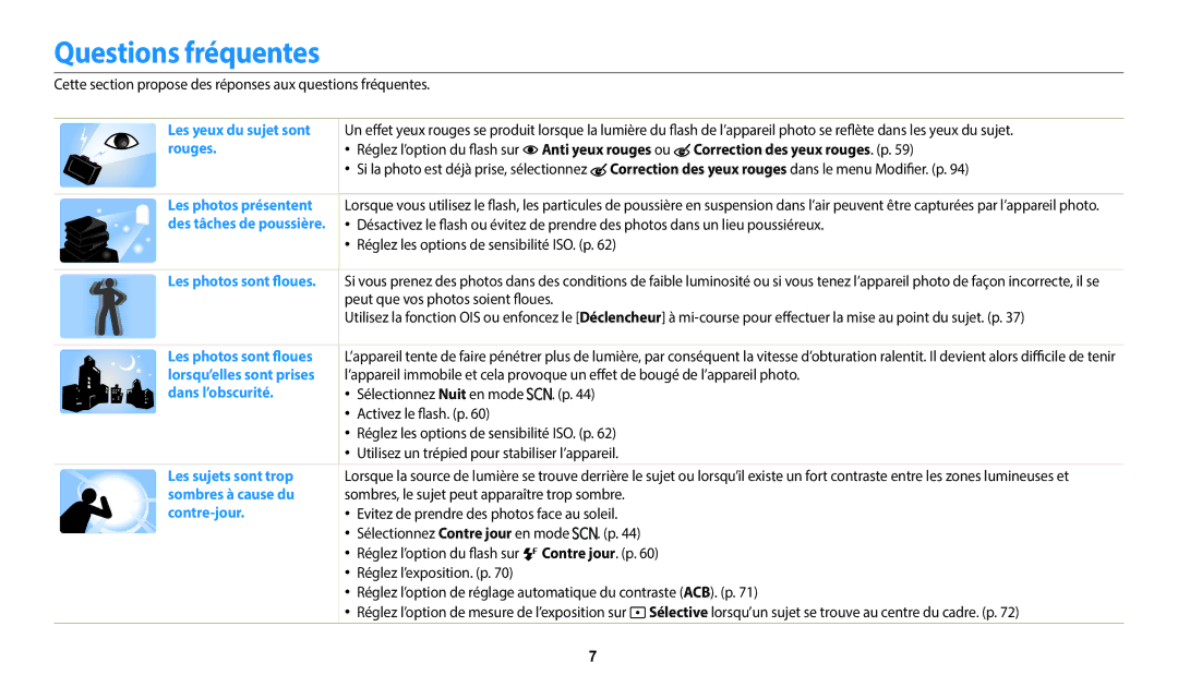 Samsung EC-WB2100BPRFR manual Questions fréquentes, Anti yeux rouges ou Correction des yeux rouges. p, Contre jour. p 