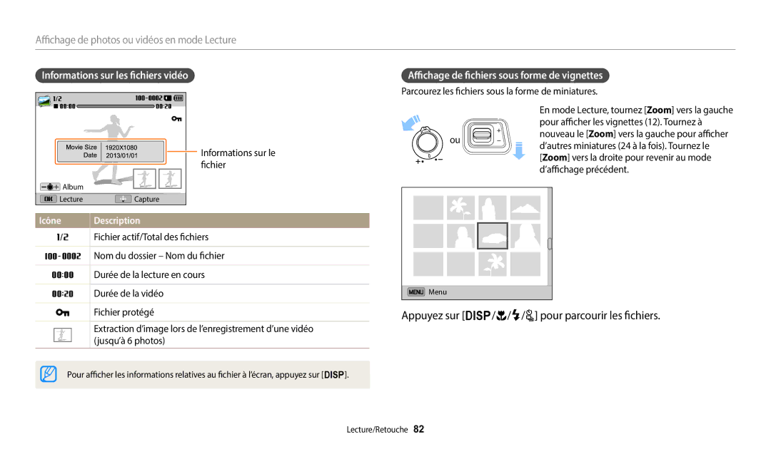 Samsung EC-WB2100BPBFR manual Appuyez sur D/c/F/t pour parcourir les fichiers, Informations sur les fichiers vidéo 