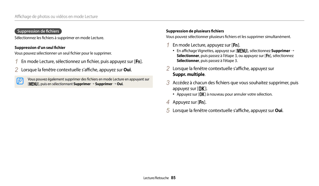 Samsung EC-WB2100BPRFR manual En mode Lecture, appuyez sur s, Suppression de fichiers, Suppression d’un seul fichier 