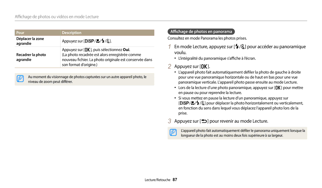Samsung EC-WB2100BPRFR manual Appuyez sur o, Appuyez sur r pour revenir au mode Lecture, Affichage de photos en panorama 