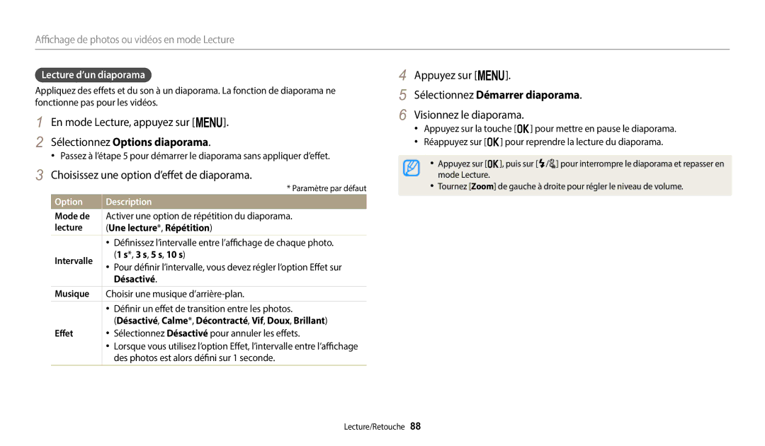 Samsung EC-WB2100BPBFR Sélectionnez Options diaporama, Choisissez une option d’effet de diaporama, Visionnez le diaporama 