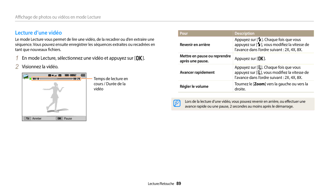 Samsung EC-WB2100BPRFR manual Lecture d’une vidéo, Revenir en arrière, Après une pause Avancer rapidement, Régler le volume 