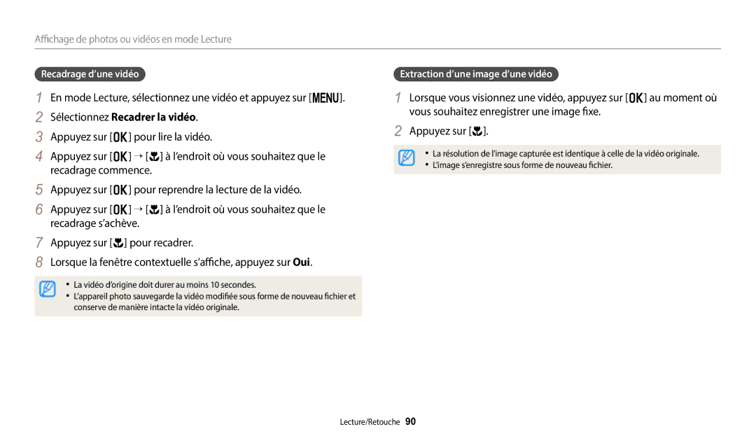 Samsung EC-WB2100BPBFR manual En mode Lecture, sélectionnez une vidéo et appuyez sur m, Sélectionnez Recadrer la vidéo 