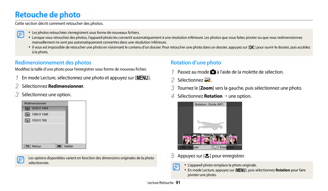 Samsung EC-WB2100BPRFR, EC-WB2100BPBFR manual Retouche de photo, Redimensionnement des photos, Rotation d’une photo 