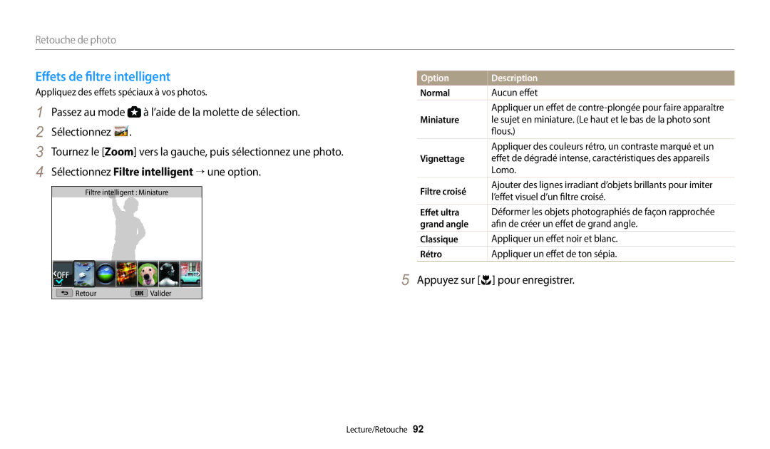 Samsung EC-WB2100BPBFR, EC-WB2100BPRFR manual Effets de filtre intelligent, Normal, Effet ultra, Grand angle 