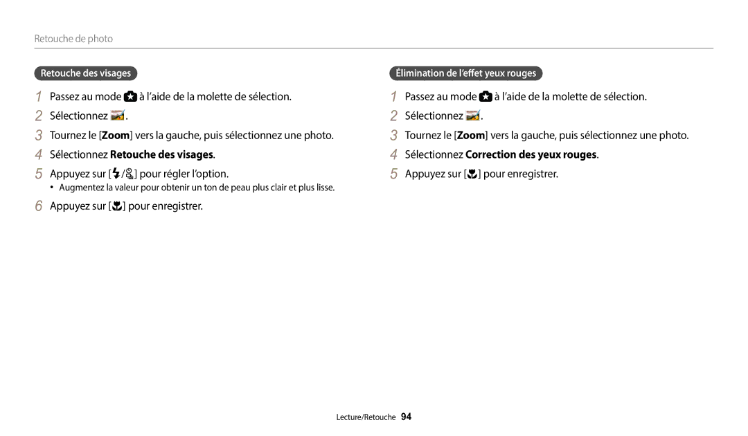 Samsung EC-WB2100BPBFR, EC-WB2100BPRFR manual Sélectionnez Retouche des visages, Appuyez sur F/t pour régler l’option 