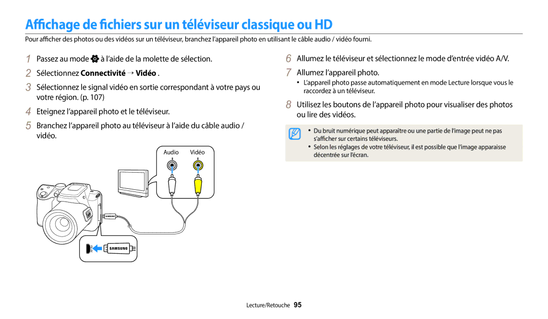 Samsung EC-WB2100BPRFR manual Affichage de fichiers sur un téléviseur classique ou HD, Sélectionnez Connectivité → Vidéo 