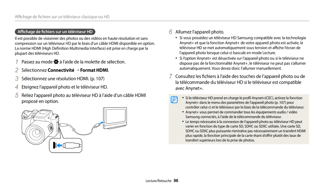 Samsung EC-WB2100BPBFR, EC-WB2100BPRFR Sélectionnez Connectivité → Format Hdmi, Affichage de fichiers sur un téléviseur HD 