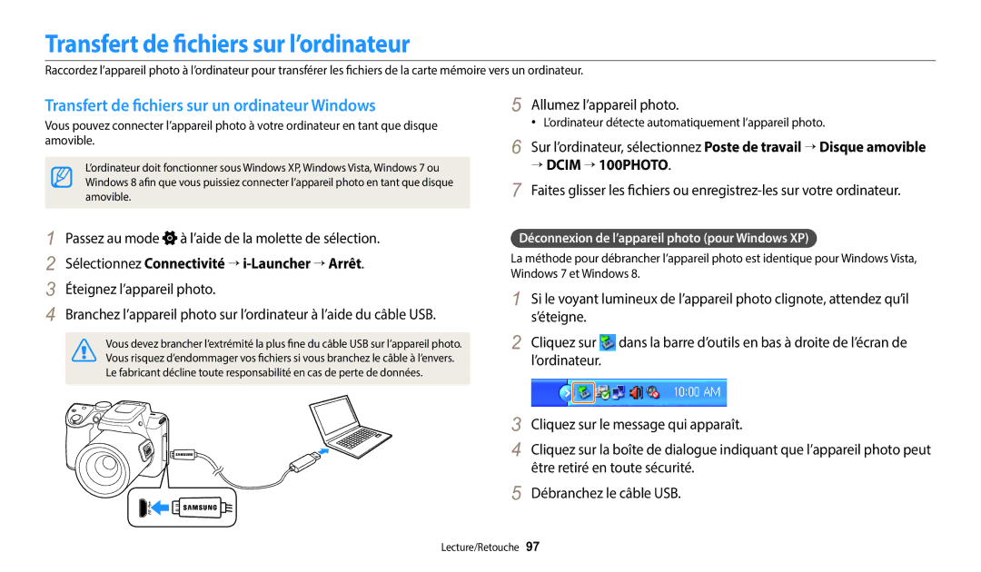 Samsung EC-WB2100BPRFR manual Transfert de fichiers sur l’ordinateur, Transfert de fichiers sur un ordinateur Windows 