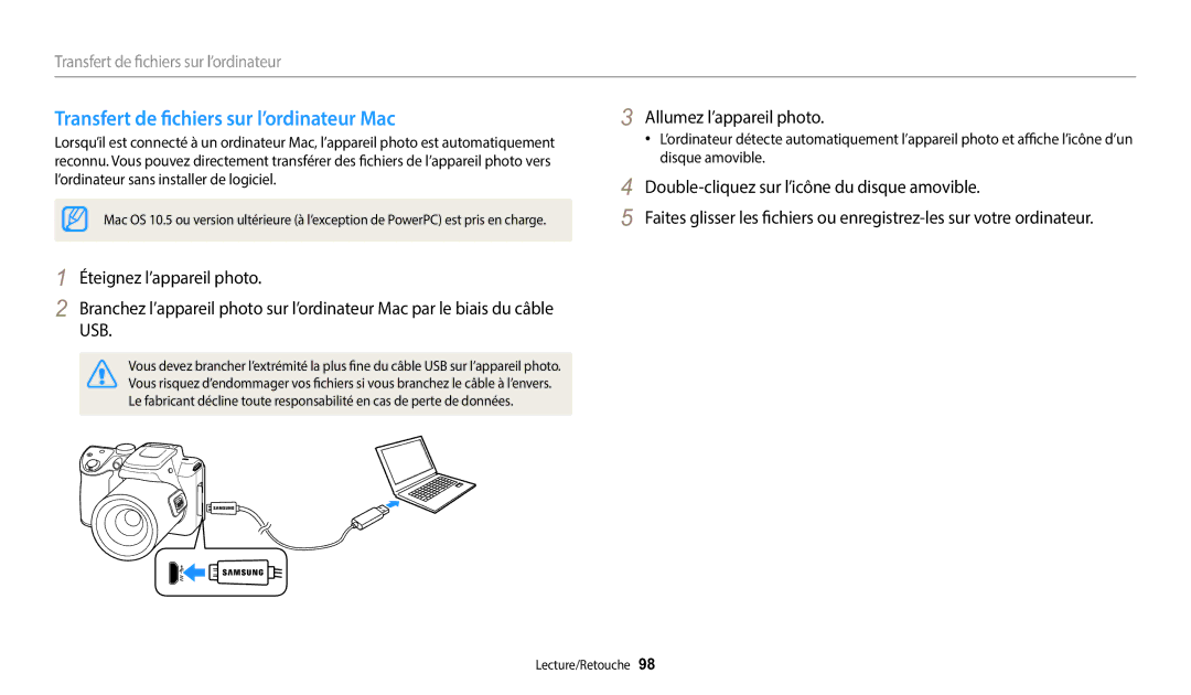 Samsung EC-WB2100BPBFR, EC-WB2100BPRFR manual Transfert de fichiers sur l’ordinateur Mac 