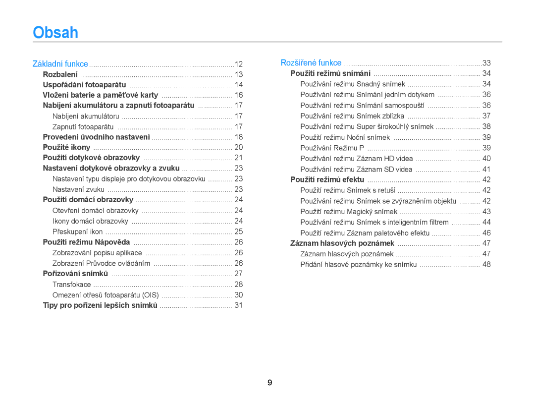 Samsung EC-WB210ZBPBE3, EC-WB210ZBPBE1, EC-WB210ZBPSE3 manual Obsah, Nabíjení akumulátoru a zapnutí fotoaparátu 