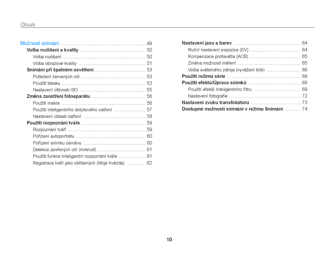 Samsung EC-WB210ZBPSE3, EC-WB210ZBPBE1, EC-WB210ZBPBE3 manual Obsah, Pořízení snímku úsměvu Detekce zavřených očí mrknutí 