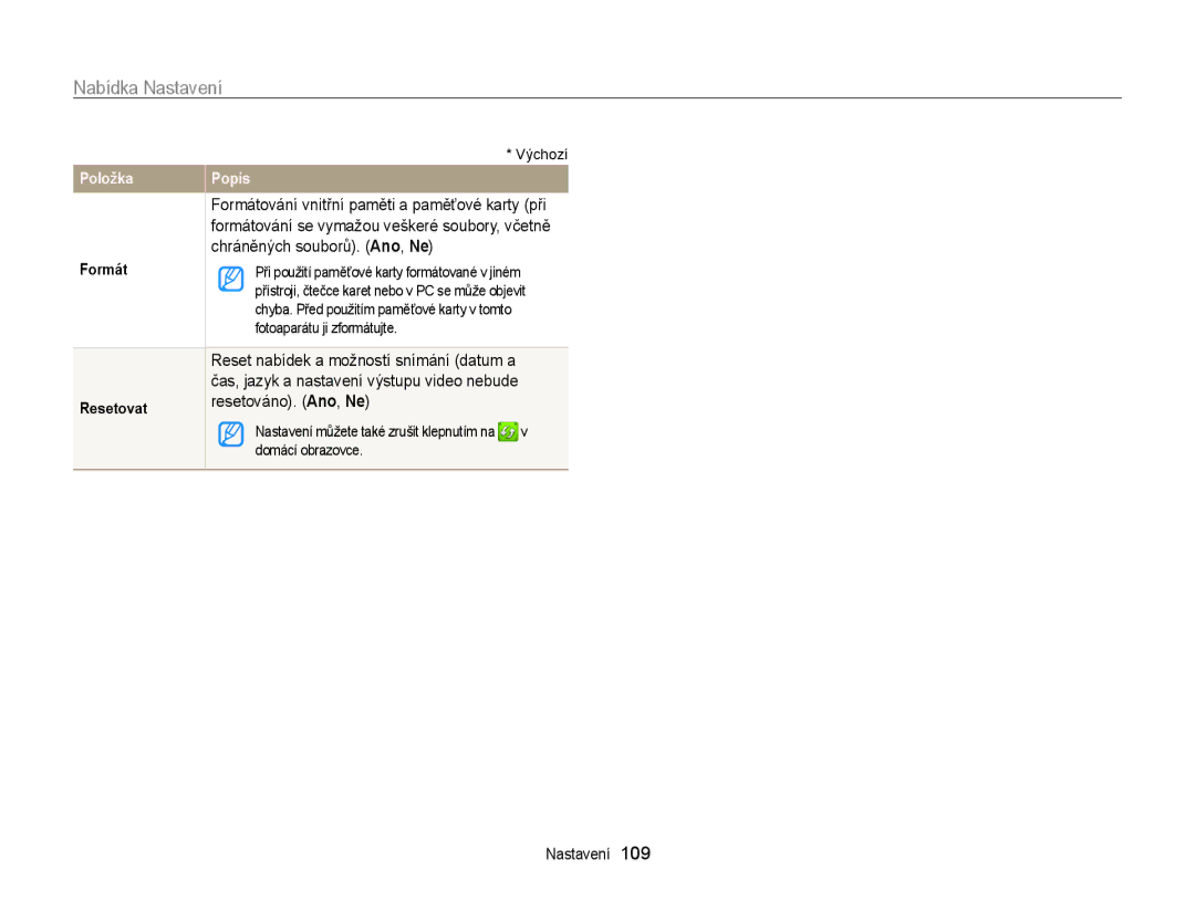 Samsung EC-WB210ZBPSE3, EC-WB210ZBPBE1, EC-WB210ZBPBE3 manual Resetováno. Ano, Ne, Formát, Resetovat 