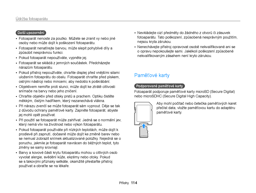 Samsung EC-WB210ZBPBE3, EC-WB210ZBPBE1, EC-WB210ZBPSE3 manual Paměťové karty, Další upozornění, Podporované paměťové karty 