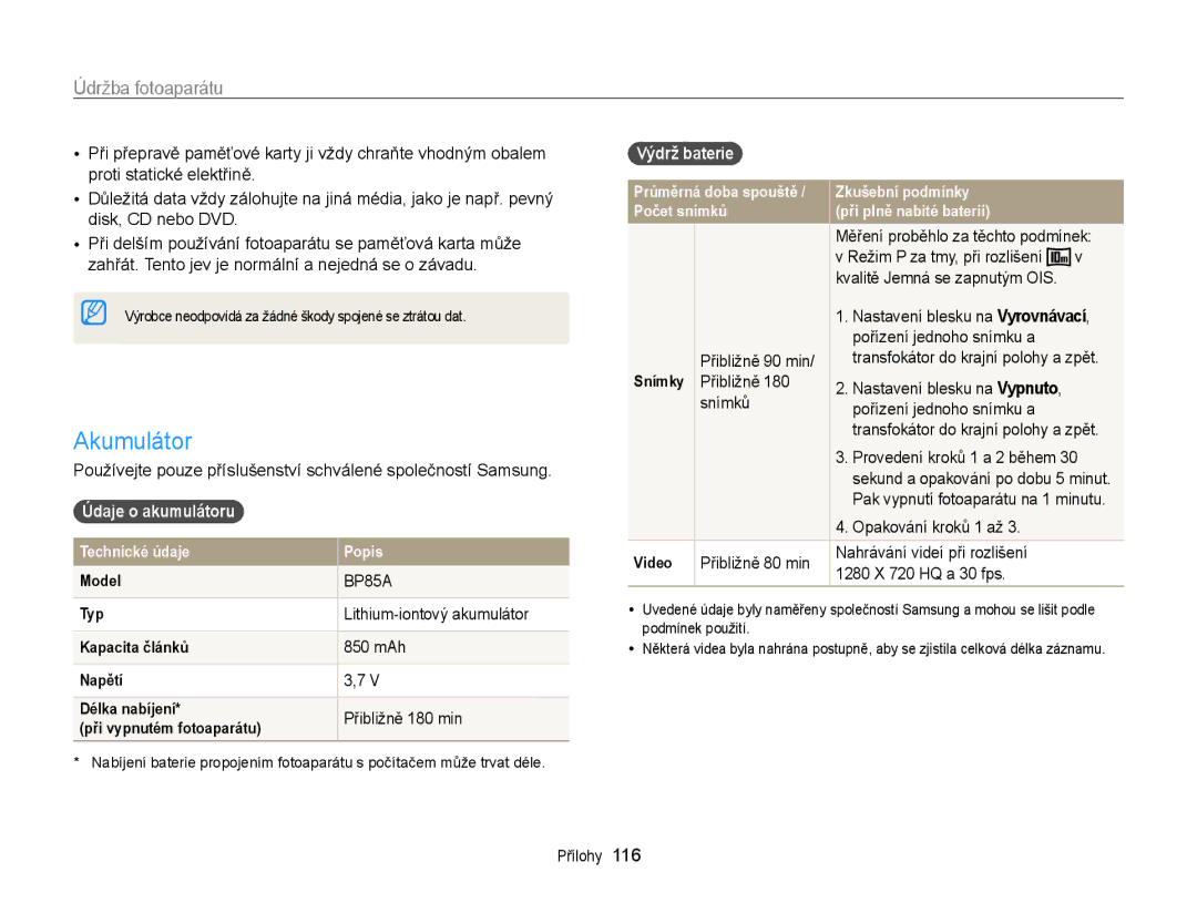 Samsung EC-WB210ZBPBE1, EC-WB210ZBPBE3, EC-WB210ZBPSE3 manual Akumulátor, Údaje o akumulátoru, Výdrž baterie 