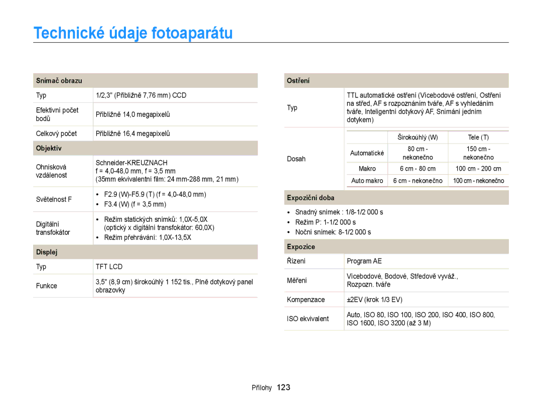 Samsung EC-WB210ZBPBE3, EC-WB210ZBPBE1, EC-WB210ZBPSE3 manual Technické údaje fotoaparátu 