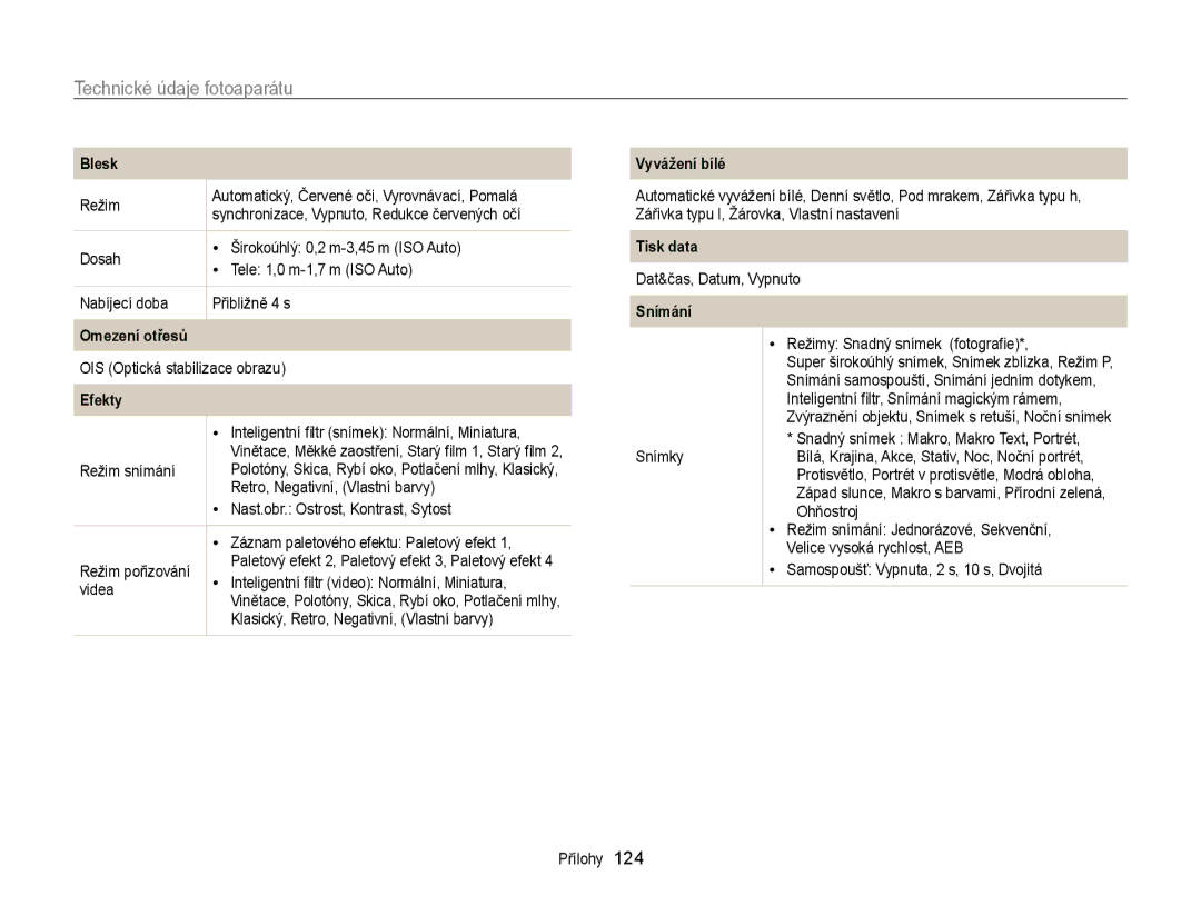 Samsung EC-WB210ZBPSE3, EC-WB210ZBPBE1, EC-WB210ZBPBE3 manual Technické údaje fotoaparátu, Omezení otřesů, Efekty, Snímání 