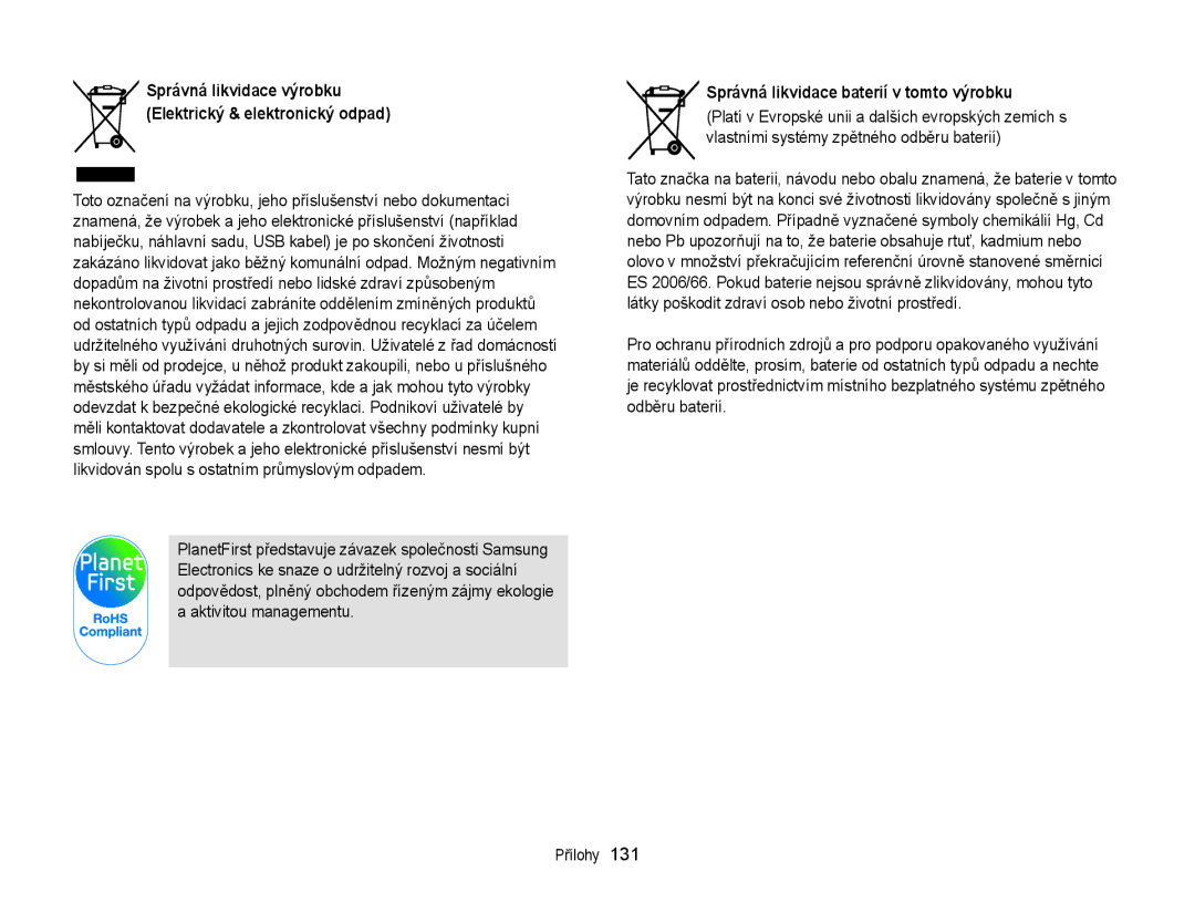 Samsung EC-WB210ZBPBE1, EC-WB210ZBPBE3, EC-WB210ZBPSE3 manual Správná likvidace baterií v tomto výrobku 