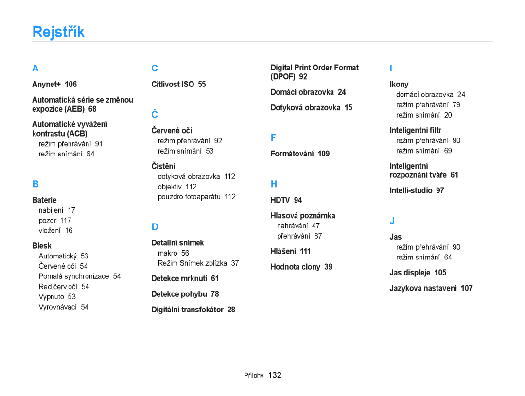 Samsung EC-WB210ZBPBE3, EC-WB210ZBPBE1, EC-WB210ZBPSE3 manual Rejstřík 