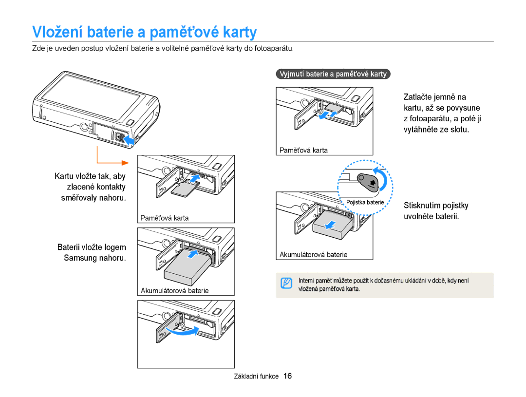 Samsung EC-WB210ZBPSE3 manual Vložení baterie a paměťové karty, Kartu vložte tak, aby, Paměťová karta, Uvolněte baterii 