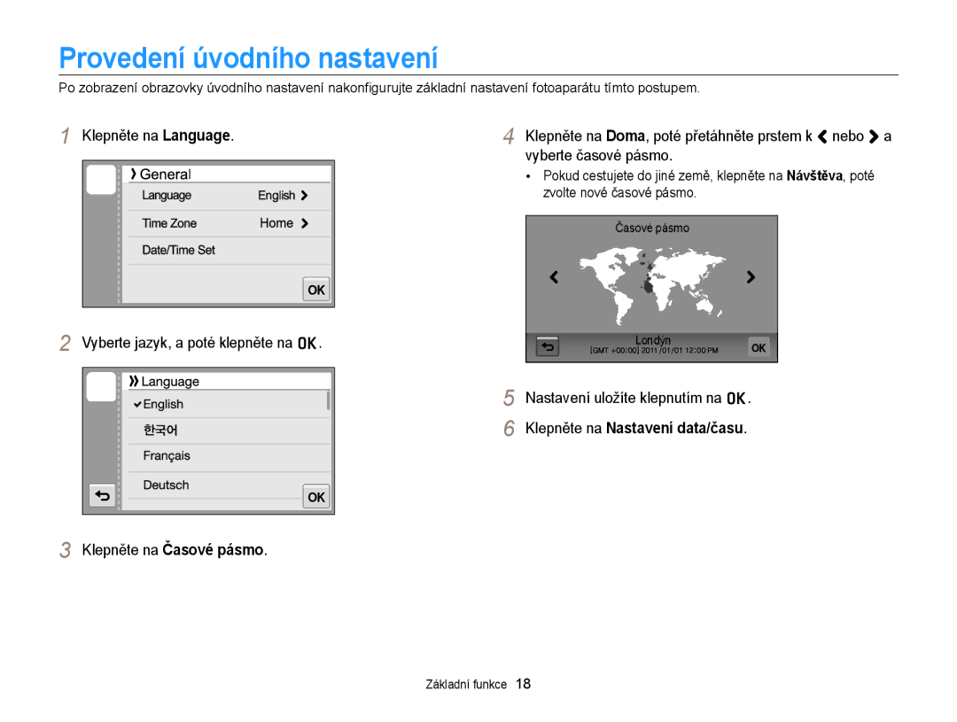 Samsung EC-WB210ZBPBE3, EC-WB210ZBPBE1, EC-WB210ZBPSE3 manual Provedení úvodního nastavení, Klepněte na Časové pásmo 